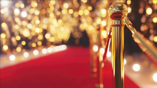 The glitz and glamour of a film awards ceremony, with a focus on the gold award trophy on a red carpet.