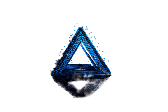 Pixelated, abstract triangle, dark blue, reflecting