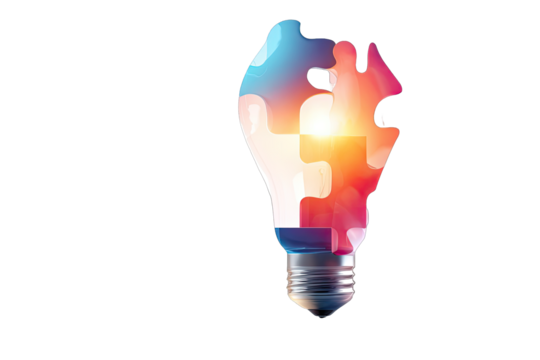A lightbulb with a jigsaw puzzle design, filled with vibrant colors
