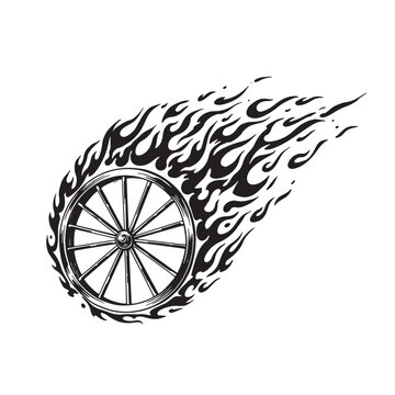 Black and white illustration of a burning wheel rolling through the air with fire