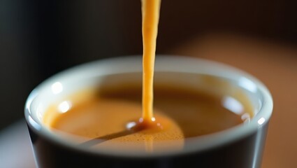 A close-up view of rich espresso being poured into a small, elegant cup, showcasing a dynamic stream and the inviting hues of the hot beverage.