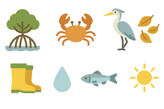 Mangrove Mini Illustrations. Flat vector mini-illustrations mangrove forest habitats in colors children's illustrations: mangrove
