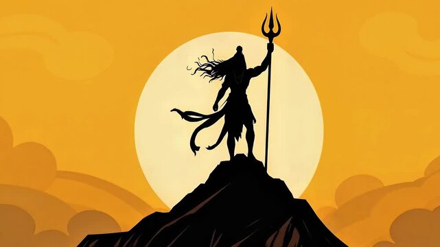 Mahadev, the Hindu deity, appearing on a peak against a full moon, holding his divine trident. Symbolizing the destroyer of evil, the power of devotion and ancient mythological scripture. Bholenath