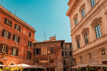 Street view with historic buildings in Rome Italy