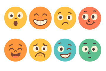 Fototapeta premium Funny Children's Faces. Flat vector mini-illustrations funny expressions in colors children's illustrations: surprised face, silly
