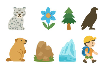 Mountain Biodiversity Icons. Flat vector mini-illustrations mountain biodiversity in colors children's illustrations: snow leopard