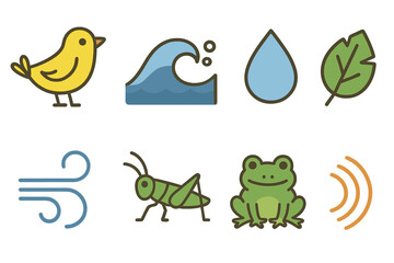 Obraz premium Nature Sound Icons. Flat vector mini-illustrations Nature sounds in colors children's illustrations: bird, wave, rain drop, leaf