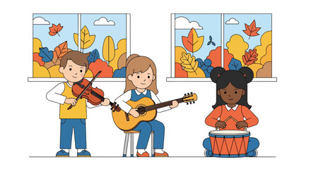 Adobe illustrator artwork vector illustration. A group of happy school children playing various musical instruments in a classroom with autumn-themed window views, perfect for music education concepts © Amie