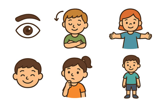 Nonverbal Listening Cues. Flat vector mini-illustrations non verbal listening cues in colors children's illustrations: eye with