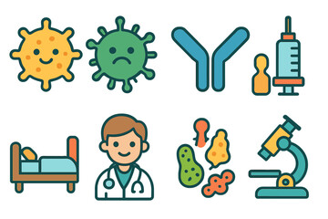 Immune System Icons. Flat vector mini-illustrations biological resistance in colors children's illustrations: immune cells, virus,