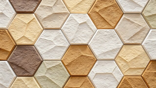 A close up of a wall made of hexagonal tiles in various earth tones