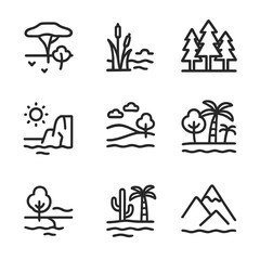 Obraz premium Big Bird Habitats Icons. Outline icon set of big bird habitats: savanna, wetlands, forests, coastal cliffs, open plains, tropical