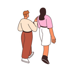 Young couple walking away and talking. Man and woman strolling together outdoors, back view from behind. Male and female friends going, chatting. Flat vector illustration isolated on white background