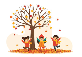 Adobe illustrator artwork vector illustration. Three happy kids playing under an autumn tree with falling colorful leaves on a pile of foliage, perfect for seasonal and children themes.