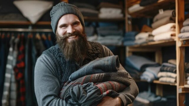 A bearded man, possibly a father, smiling warmly as he holds his baby while surrounded by winter clothing items in a store. The scene suggests preparation for colder weather and seasonal shopping.