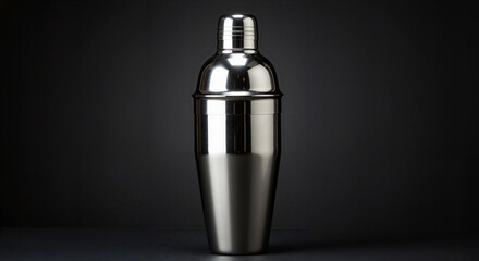 Metal cocktail shaker on dark background, still life composition