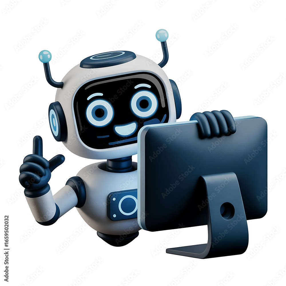 Poster 3d friendly robot with monitor offers smart solutions, creating engaging technology experiences and 