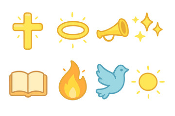 Miraculous Symbols Grid. Flat vector mini-illustrations Miraculous signs in colors children's illustrations: glowing cross,