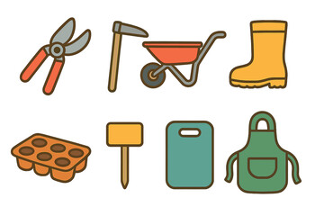 Children's Gardening Tools Icons. Flat vector mini-illustrations essential gardening tools in colors