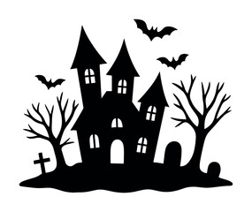 Haunted castle silhouette with bats and spooky graveyard scene