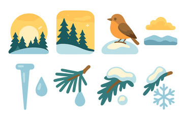 Sunrise and Icicles. Flat vector mini-illustrations Sunrise over snowy pines in colors children's illustrations: rising sun,