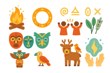 Obraz premium Mythic Magic Icons. Flat vector mini-illustrations mythic rituals in colors children's illustrations: ceremonial fire, magic