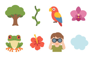 Tropical Forest Wonders. Flat vector mini-illustrations tropical rainforest enclave in colors children's illustrations: broadleaf