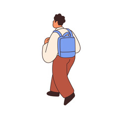 Boy going back to school. Kid carrying backpack, schoolbag, rear view from behind. Child pupil walking away, leaving. Cute elementary student. Flat vector illustration isolated on white background