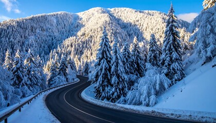 Winding Road Through a Winter Wonderland: Snow-Covered Trees and Mountain