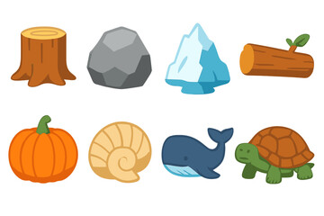 Fototapeta premium Nature Icons Grid. Flat vector mini-illustrations heavy natural objects in colors children's illustrations: tree trunk, giant rock