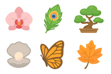 Nature Icons Grid. Flat vector mini-illustrations refined nature in colors children's illustrations: orchid flower, peacock