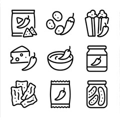 Chili Snack Icons. Outline icon set of chili snacks and condiments: chili chips, spicy nuts, chili popcorn, chili cheese, chili