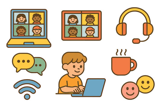 Virtual Kids' Meetup. Flat vector mini-illustrations virtual meetup call in colors children's illustrations: laptop screen, video