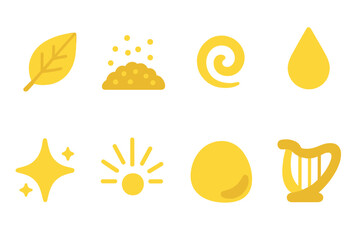 Magical Golden Icons Grid. Flat vector mini-illustrations gold elements in colors children's illustrations: gold leaf, gold