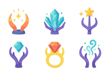 Magical Prong Icons. Flat vector mini-illustrations prongs in fantasy settings in colors children's illustrations: glowing prongs,