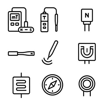 Magnetic Measurement Icons. Outline icon set of magnetic measurement tools: gauss meter, tesla meter, magnetometer, Hall effect