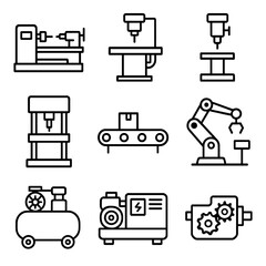 Mechanical Icons Grid. Outline icon set of mechanics machines: lathe, milling machine, drill press, hydraulic press, conveyor belt