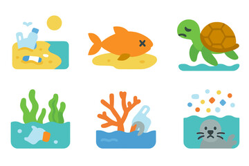 Plastic Pollution Effects. Flat vector mini-illustrations effects of plastic island in colors children's illustrations: polluted