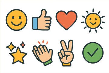 Obraz premium Positive Emotion Icons. Flat vector mini-illustrations positive emotions in colors children's illustrations: smiling face, thumbs