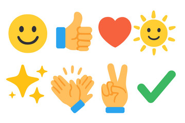 Positive Emotion Icons. Flat vector mini-illustrations positive emotions in colors children's illustrations: smiling face, thumbs