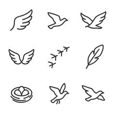 Bird Flight Icons. Outline icon set of bird and flight movement: bird wings, soaring bird, flapping wings, wing span, bird