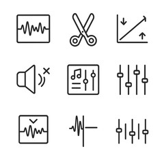Fototapeta premium MP3 Editing Icons. Outline icon set of MP3 editing tools: waveform editor, cut tool, fade in/out, volume adjustment, effects panel