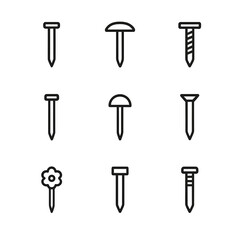 Nail Icon Set. Outline icon set of nail applications: woodworking nail, roofing nail, framing nail, finishing nail, upholstery