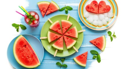 Naklejka premium Watermelon slices and a refreshing drink on a blue wooden table