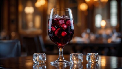 Zumo de uva negra y sa&uacute;co en copa de vino con hielo dorado, ambiente de alta cocina