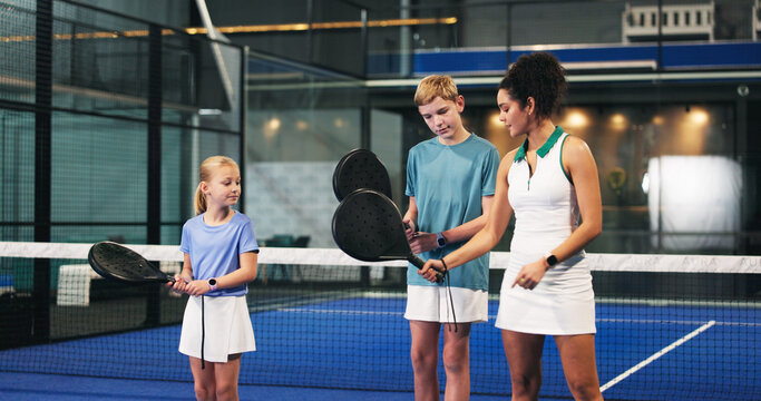 Padel, training and coach with kids, help and motivation with advice, teaching or technique. Sports, tennis instructor or people with practice, coordination exercise or learning with performance tips