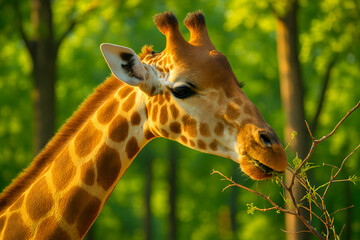 Obraz premium Closeup of giraffe mother and calf interacting in green forest setting
