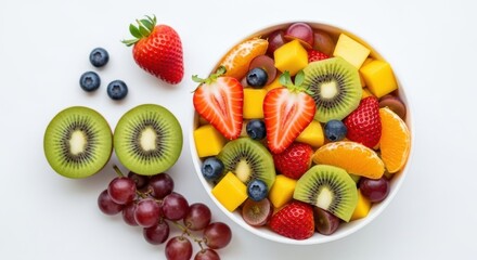 Colorful fruit salad in a bowl with kiwi, strawberries, blueberries, and oranges isolated on white background