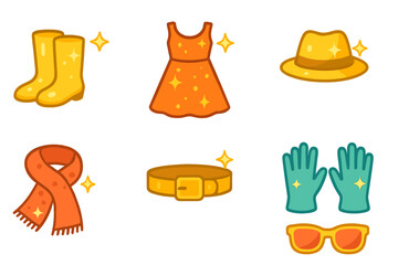 Shiny Fashion Icons. Flat vector mini-illustrations shiny clothing and accessories in colors children's illustrations: shiny boots
