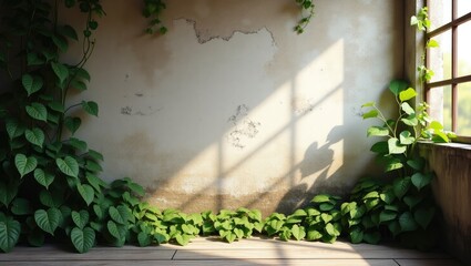 Verdant plants cascade down a weathered wall, bathed in the warm sunlight streaming through a corner window.
